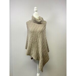 Tickled Pink Poncho Women One Size Tan Chevron Knit Cowl Neck Asymmetrical Wrap